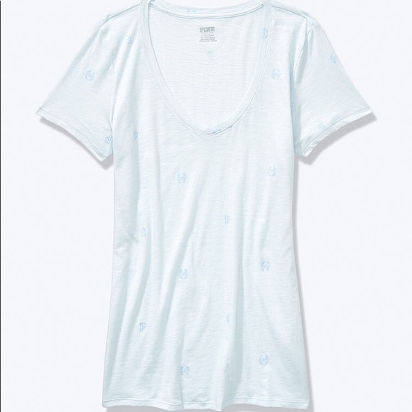 💕 VS PINK ICY BLUE TOPAZ MONOGRAM V-NECK TEE - Picture 2 of 7